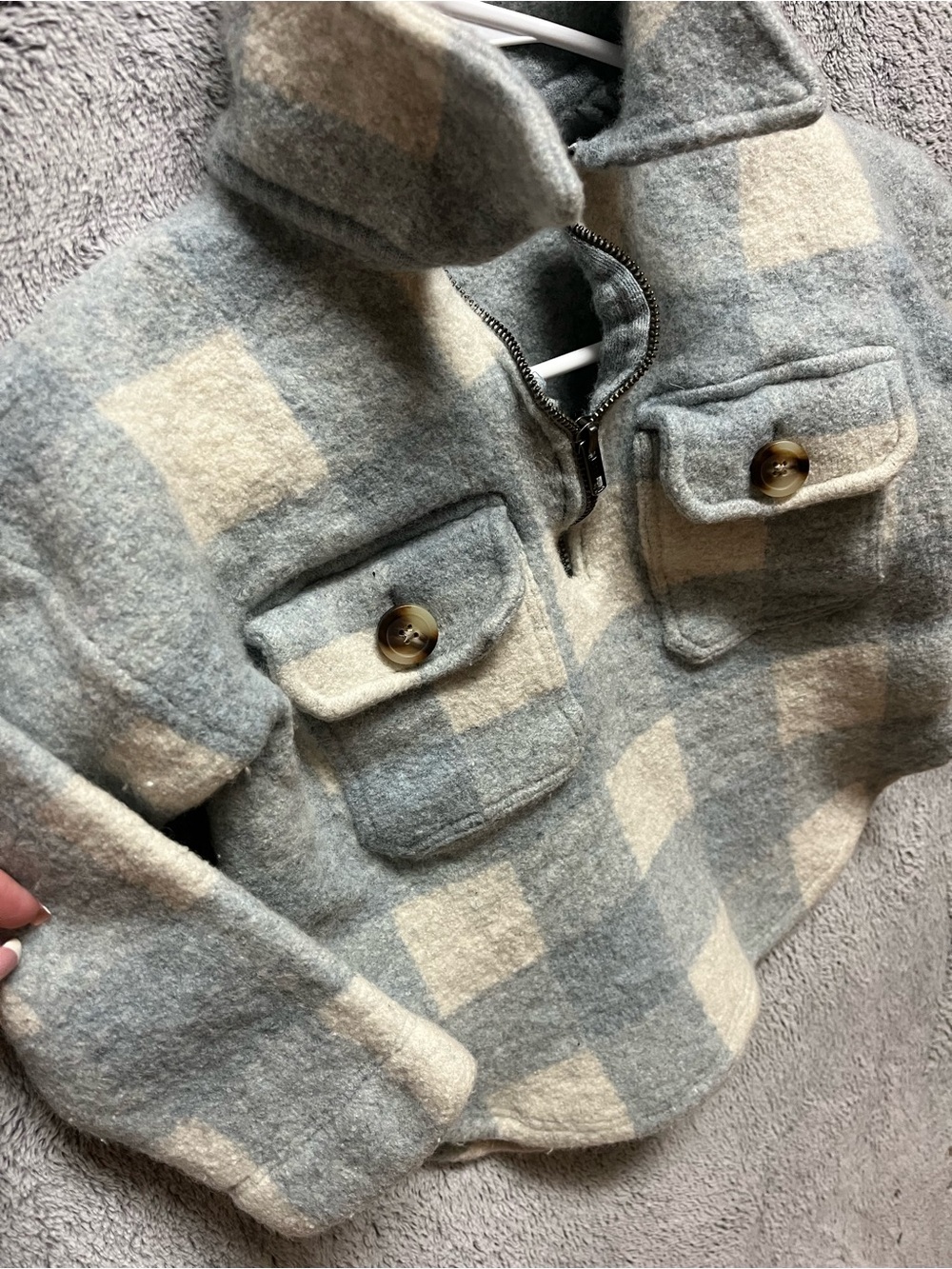 Madewell Kids M Plaid Half-Zip Pullover Cream light blue/grey 100% merlino wool - Picture 4 of 8